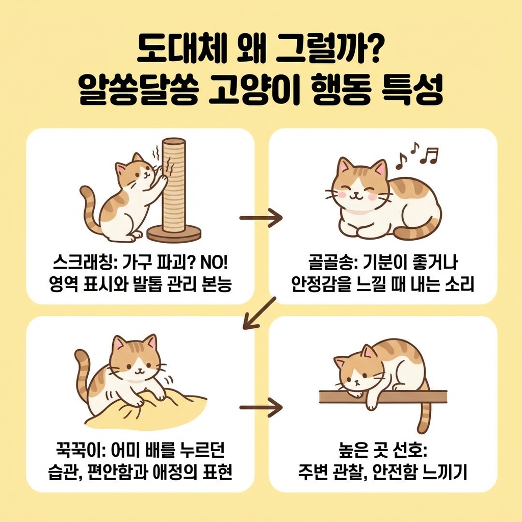 도대체 왜 그럴까? 알쏭달쏭 고양이 행동 특성
스크래칭: 가구 파괴? NO! 영역 표시와 발톱 관리 본능
골골송: 기분이 좋거나 안정감을 느낄 때 내는 소리
꾹꾹이: 어미 배를 누르던 습관, 편안함과 애정의 표현
높은 곳 선호: 주변 관찰, 안전함 느끼기