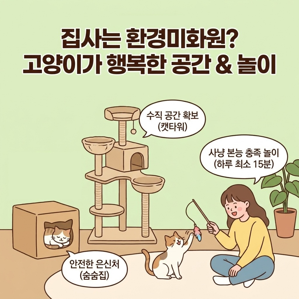 집사는 환경미화원? 고양이가 행복한 공간 & 놀이
수직 공간 확보 (캣타워)
사냥 본능 충족 놀이 (하루 최소 15분)
안전한 은신처 (숨숨집)
