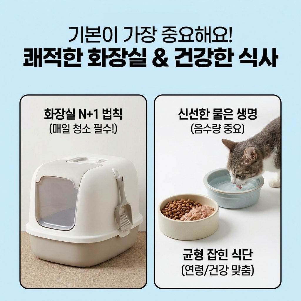 기본이 가장 중요해요! 쾌적한 화장실 & 건강한 식사
화장실 N+1 법칙 (매일 청소 필수!)
신선한 물은 생명 (음수량 중요)
균형 잡힌 식단 (연령/건강 맞춤)