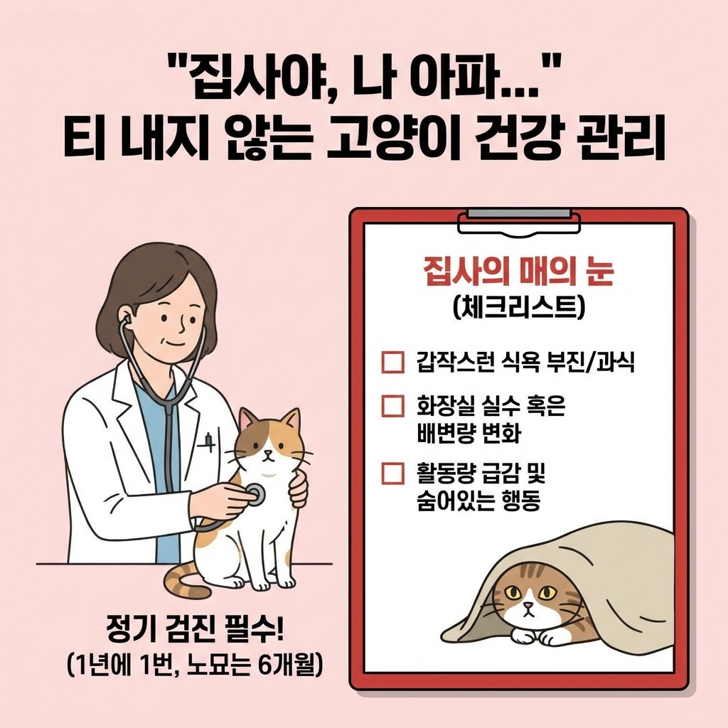 "집사야, 나 아파..." 티 내지 않는 고양이 건강 관리
정기 검진 필수! (1년에 1번, 노묘는 6개월)
집사의 매의 눈 (체크리스트)
갑작스런 식욕 부진/과식
화장실 실수 혹은 배변량 변화
활동량 급감 및 숨어있는 행동