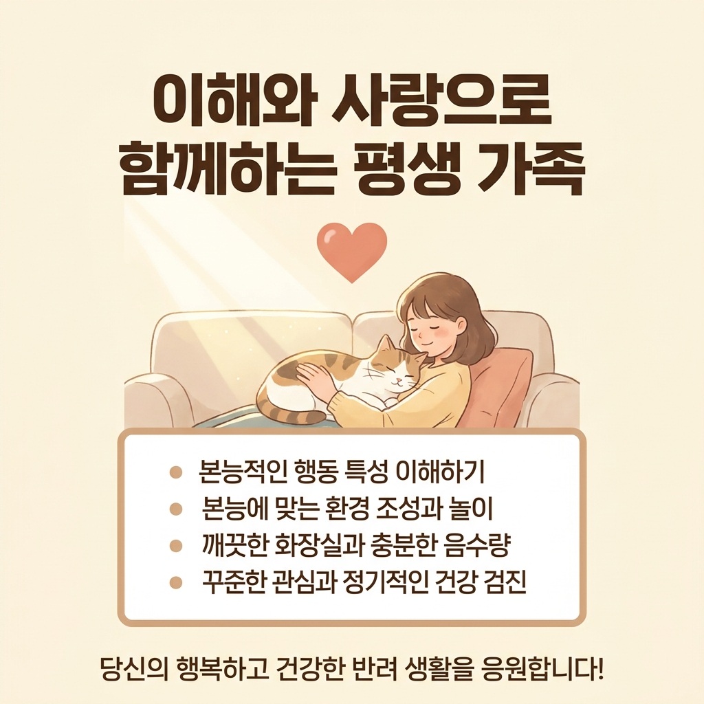 이해와 사랑으로 함께하는 평생 가족
본능적인 행동 특성 이해하기
본능에 맞는 환경 조성과 놀이
깨끗한 화장실과 충분한 음수량
꾸준한 관심과 정기적인 건강 검진
당신의 행복하고 건강한 반려 생활을 응원합니다!