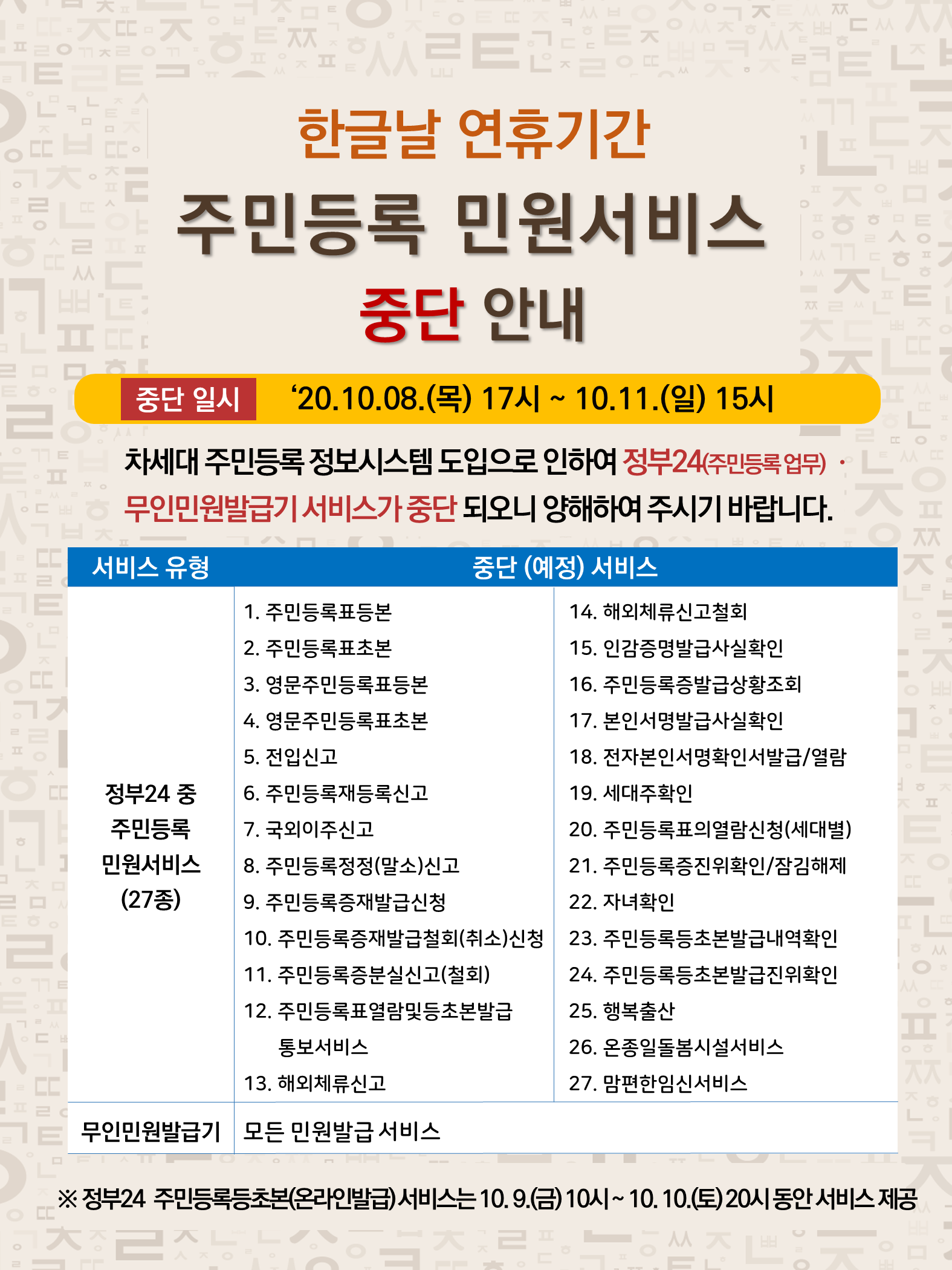 한글날연휴기간주민등록민원서비스중단안내.png