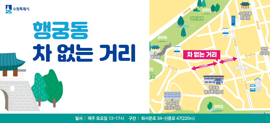 수원특례시  행궁동 차 없는 거리 일시 매주 토요일 13~17시 구간 화서문로 34~신풍로47 220m
