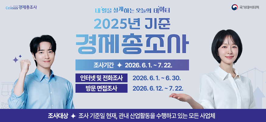 census 2025년 기준 경제총조사 국가데이터처    내일을 설계하는 오늘의 데이터  2025년 기준 경제총조사  조사기간 2026. 6. 1. ~ 7. 22.  인터넷 및 전화조사 2026. 6. 1. ~ 6. 30.  방문 면접조사 2026. 6. 12. ~ 7. 22.    조사대상 조사 기준일 현재, 관내산업 활동을 수행하고 있는 모든 사업체